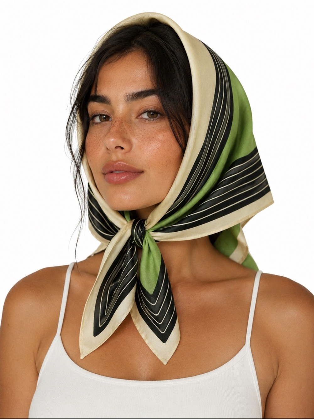 Oleg Cassini Vintage Green Cream and Black Striped Silk Scarf- Women Accessories
